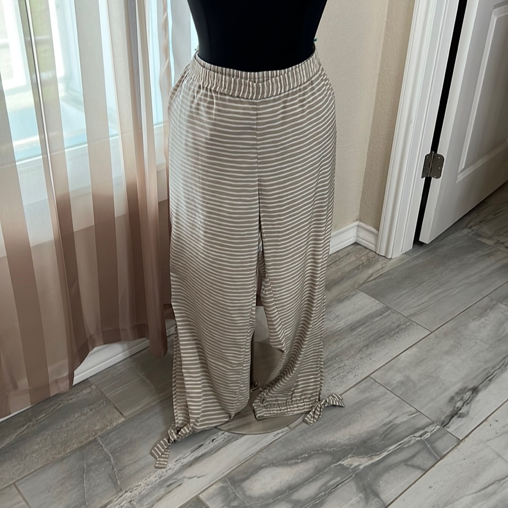 Chicos “Black Label”  Tan and Off white Striped Pants